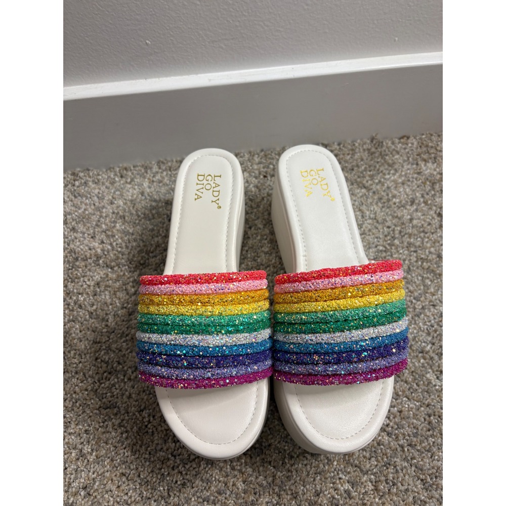 New Lady Go Diva Rainbow Platform Sandals – White – Size 5.5 - Picture 2 of 9